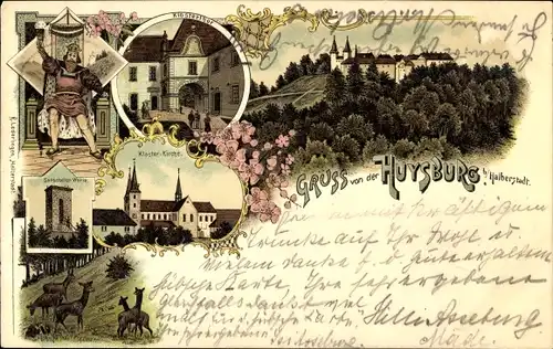 Litho Huy am Harz, Huysburg, Klosterhof, Klosterkirche, Rehe, Sargstedter Warte