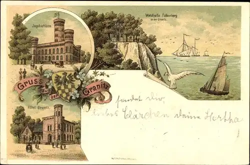 Litho Granitz auf der Insel Rügen, Jagdschloss, Waldhalle Falkenberg, Hotel Granitz