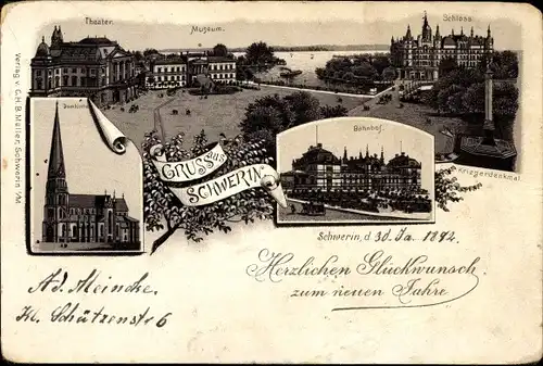 Litho Schwerin in Mecklenburg, Domkirche, Bahnhof, Schloss, Kriegerdenkmal