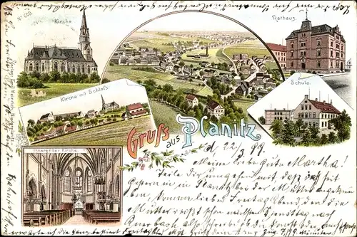 Litho Planitz Zwickau in Sachsen, Kirche, Rathaus, Schule, Schloss