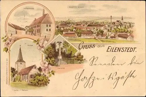 Litho Eilenstedt Huy am Harz, Totale, Breitestraße, Kirche, Denkmal