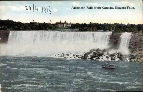 Ak Niagara Falls New York USA, American Falls aus Kanada