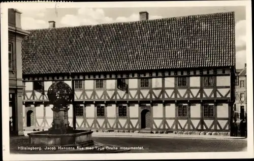 Ak Hälsingborg Helsingborg Schweden, Jacob Hansens Ehemann mit Tyge Brahe-Denkmal