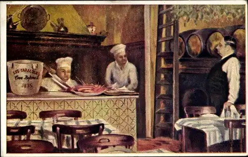 Künstler Ak Barcelona Katalonien, Restaurante Los Caracoles, Escudillers 14, Ober, Köche