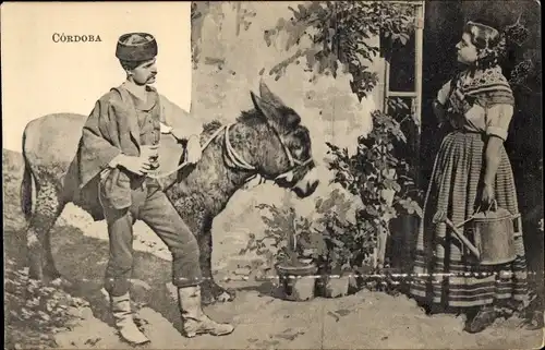 Ak Cordoba Andalusien Spanien, Ehepaar in spanischer Tracht, Esel
