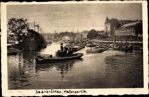 Ak Saarbrücken im Saarland, Hafenpartie, Boote