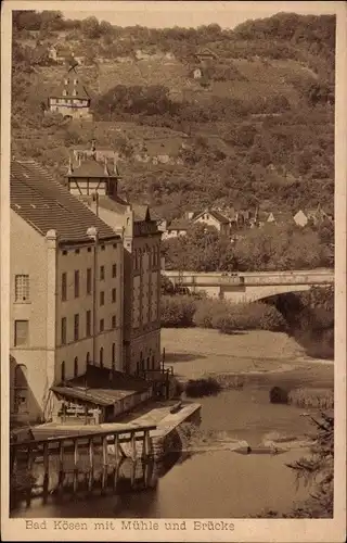 Ak Bad Kösen Naumburg an der Saale, Flusspartie mit Mühle und Brücke