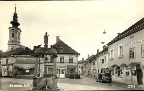 Ak Pöchlarn in Niederösterreich, Platz, Brunnen, Kirche, Gasthof