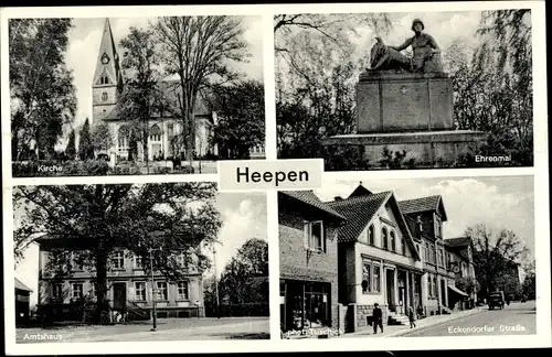 Ak Heepen Bielefeld in Nordrhein Westfalen, Kirche, Ehrenmal, Amtshaus, Eckendorfer Straße