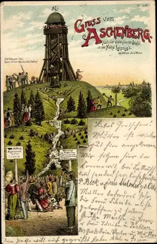 Litho Leipzig in Sachsen, Aschenberg, Aussichtsturm, Wasserfall, Touristen