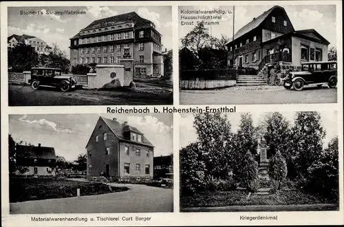 Ak Reichenbach Callenberg Sachsen, Steinerts Strumpffabriken, Kolonialwaren Ernst Schramm, Denkmal