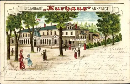 Litho Arnstadt im Ilm Kreis Thüringen, Restaurant Kurhaus, Besucher