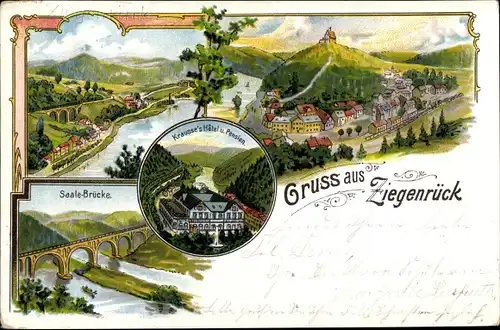 Litho Ziegenrück an der Saale Thüringen, Panorama, Saale-Brücke, Krausses Hotel, Pension