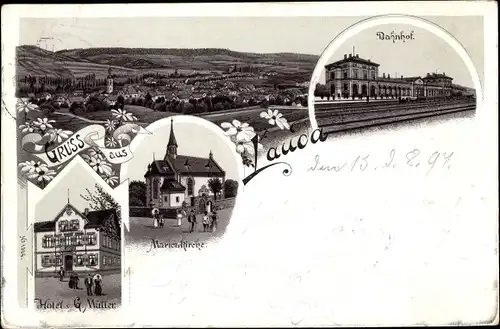 Litho Lauda Königshofen im Main Tauber Kreis, Hotel von G. Müller, Marienkirche, Bahnhof, Gleisseite