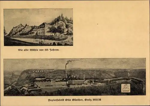 Ak Greiz im Vogtland, Papierfabrik Otto Günther 1933/1934, alte Mühle