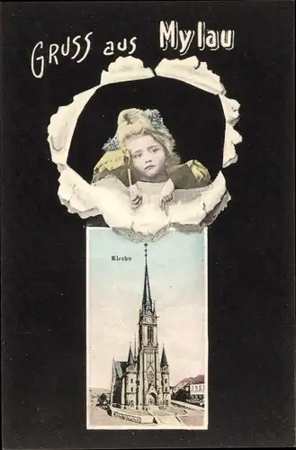 Passepartout Ak Mylau Reichenbach im Vogtland, Kirche, Mädchen