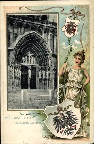 Präge Wappen Passepartout Ak Mühlhausen in Thüringen, Marienkirche, Südportal