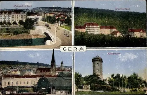 Ak Gera in Thüringen, Heinrichsbrücke, Krankenhaus, Teilansicht, Ferberturm