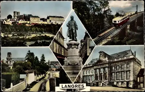 Ak Langres Haute Marne, Cathedrale, Cremaillere, Statue de Diderot, Remparts, Hotel de Ville