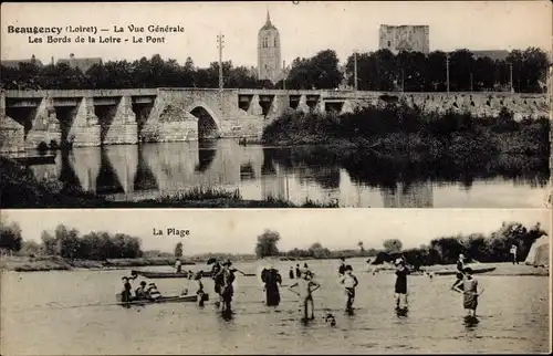 Ak Beaugency Loiret, La Vue Generale, Les Bords de la Loire, Le Pont, La Plage