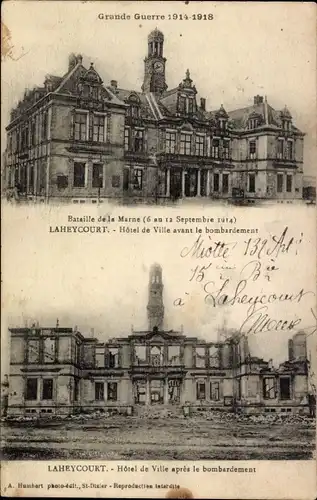 Ak Laheycourt Meuse, Rathaus vor und nach der Bombardierung, 1. Weltkrieg, Kriegszerstörungen