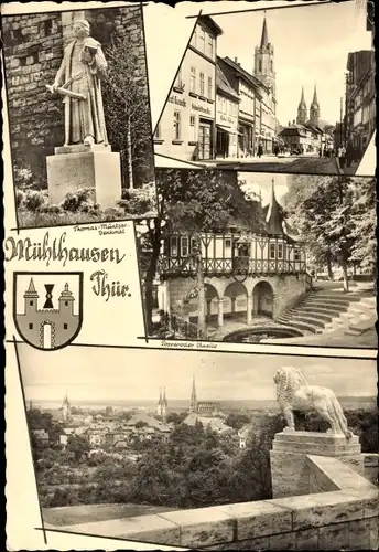 Ak Mühlhausen in Thüringen, Thomas Müntzer Denkmal, Wappen, Popperoder Quelle