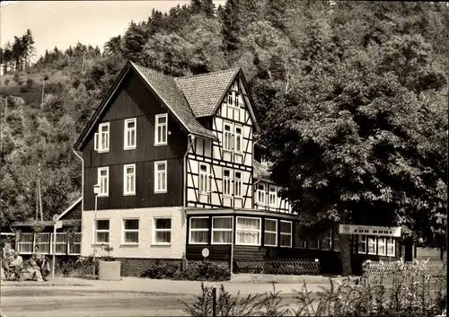 Ak Wendefurth Thale im Harz, HO Hotel zur Bode, Fachwerkhaus, Wald, Außenansicht