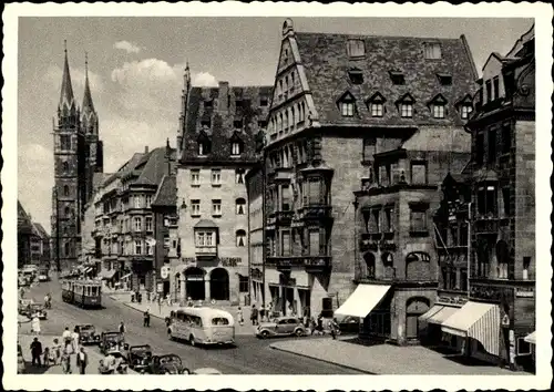 Ak Nürnberg in Mittelfranken, Königstraße, Straßenbahn, Kirchturm