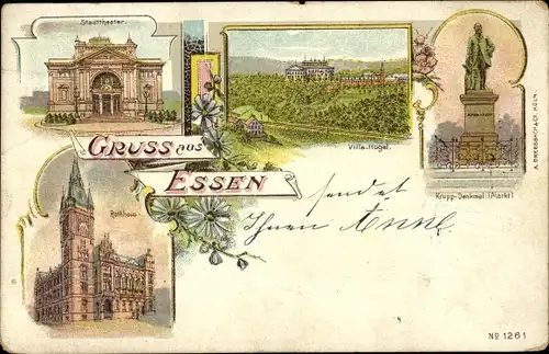 Litho Essen im Ruhrgebiet, Rathaus, Villa Hügel, Krupp-Denkmal, Stadttheater