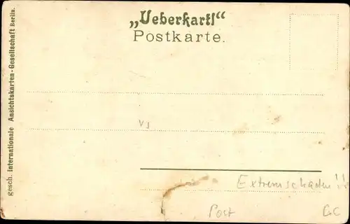 Litho Überdienstmann, Fliegender Postbote, Frau auf dem Balkon, Brief, Luftschiff