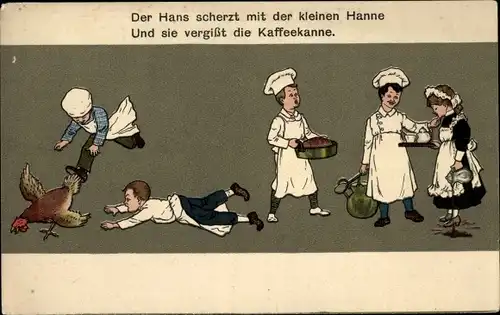 Ak Köche, Henne, Braten, Kessel, Hans scherzt mit der kleinen Hanne...