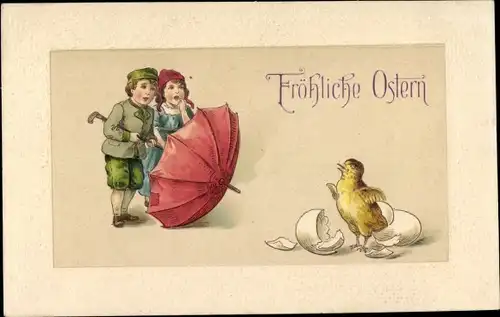 Präge Ak Glückwunsch Ostern, Kinder, Regenschirm, Küken, Eierschalen