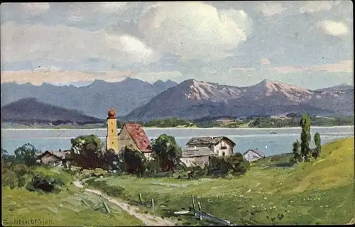 Künstler Litho Splitgerber, Berglandschaft, Kirche, Häuser, Wiese