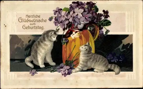 Präge Ak Glückwunsch Geburtstag, Katzen, Veilchen in der Blumenbase