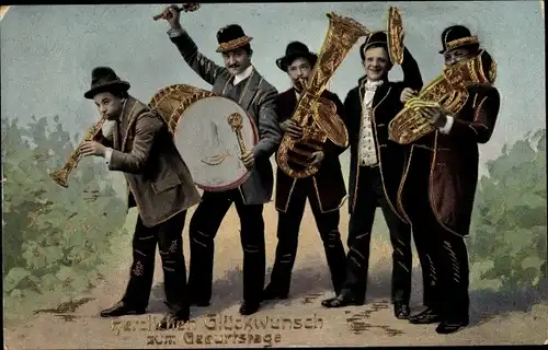 Ak Glückwunsch Geburtstag, Musizierende Männer, Trommel, Trompette
