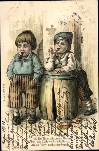 Litho Rauchender Jungen, Erwachsene, Fass, Pfeife