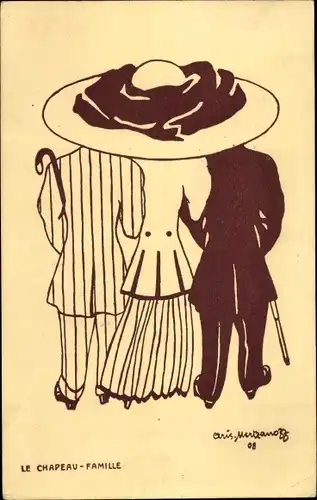 Künstler Ak Frau mit großem Hut, Zwei Männer