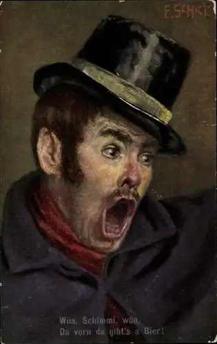Künstler Ak Schick, E., Mann freut sich auf ein Bier, Portrait