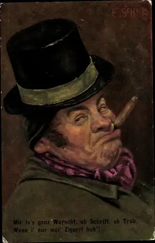 Künstler Ak Schick, E., Mann mit Zylinder raucht eine Zigarre