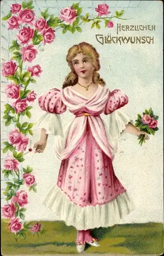 Präge Ak Glückwunsch, Mädchen-Portrait, Rosen, Kitsch