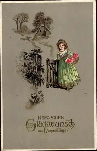 Ak Glückwunsch Namenstag, Mädchen mit Blumenkorb