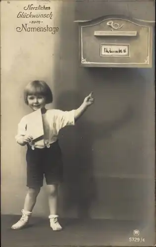 Ak Glückwunsch Namenstag, Kind am Briefkasten, Brief