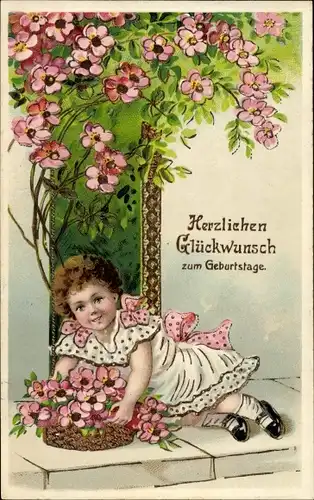 Ak Glückwunsch Geburtstag, Mädchen mit Blumenkorb, Gratulantin