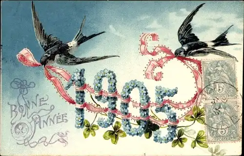 Präge Ak Glückwunsch Neujahr, Jahreszahl 1905, Schwalben