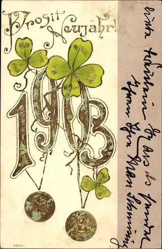 Präge Litho Glückwunsch Neujahr 1903, Glücksklee, Münzen