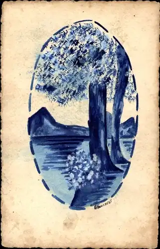 Handgemalt Ak Landschaft mit Bergen und Gewässer