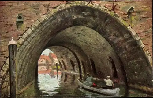 Künstler Ak Gerstenhauer, Johann Georg, niederländisches Motiv, Boot auf Kanal, Tunnel