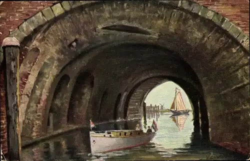 Künstler Ak Gerstenhauer, Johann Georg, Niederländisches Motiv, Kanal, Boot, Tunnel