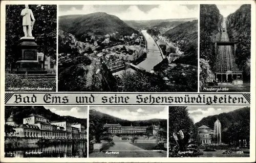 Ak Bad Ems an der Lahn, Kaiser-Wilhelm-Denkmal, Malbergbahn, Kurhaus, Kurtheater