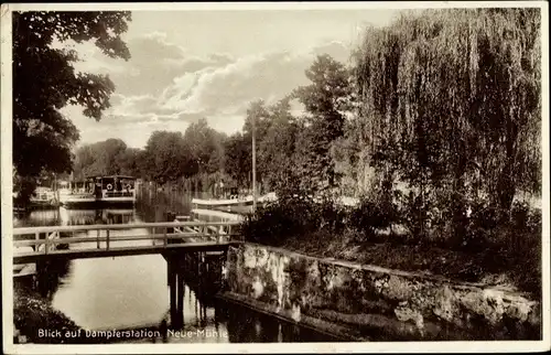 Ak Neue Mühle Wendisch Rietz in der Mark, Dampferstation, Brücke, Trauerweide